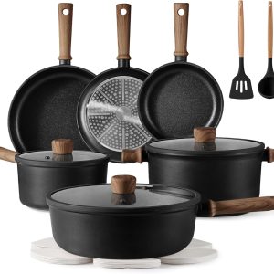 CAROTE Nonstick Pots and Pans, Induction Cookware Set Kitchen Cooking Sets, Non Stick w/Frying Pan (PFOS, PFOA Free), Black, 16pcs