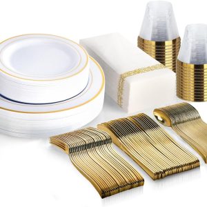 M MCIRCO 175 Piece Gold Dinnerware Set - 50 Plates - 25 Silverware - 25 Cups - 25 Paper Napkins, 25 Guest Disposable Gold Dinnerware Set